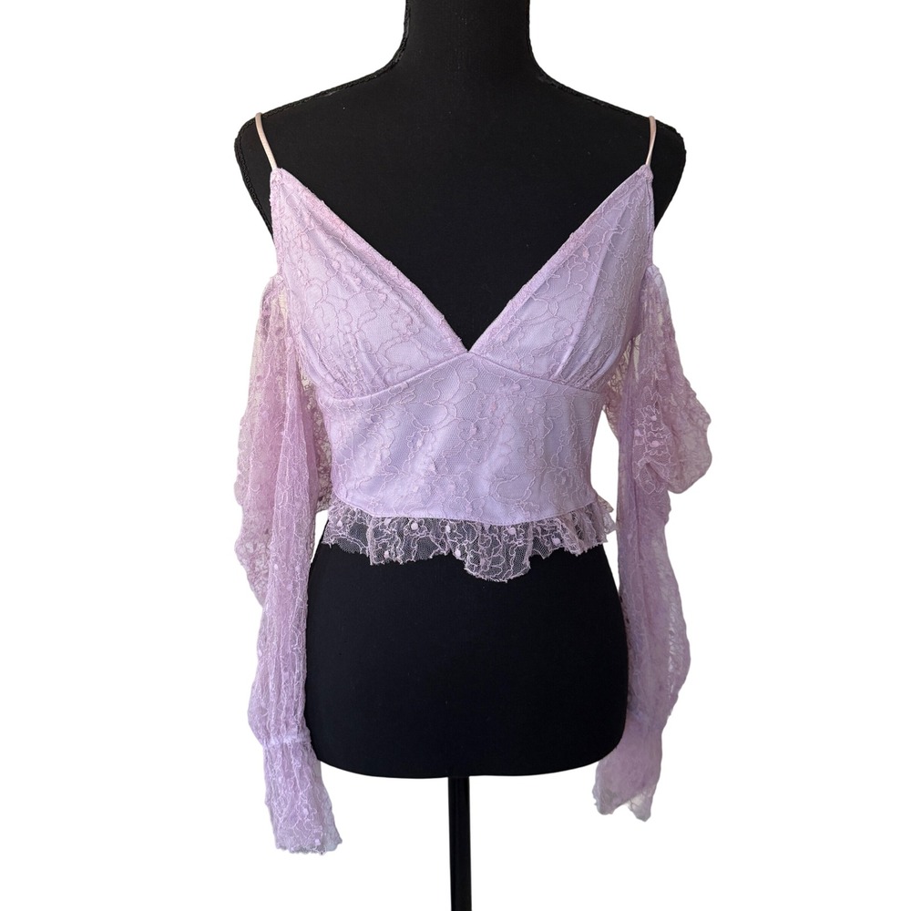 DOUBLE CRAZY Womens Y2k Babydoll Lavender Lace Top Size M Coquette Fairy Dainty